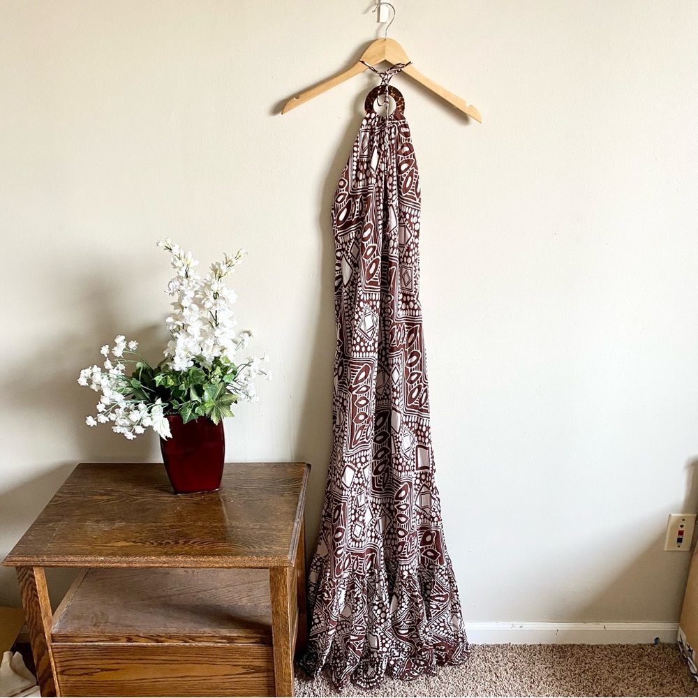 Tibi Cotton Silk Blend Halter Neck Flounce Maxi Dress